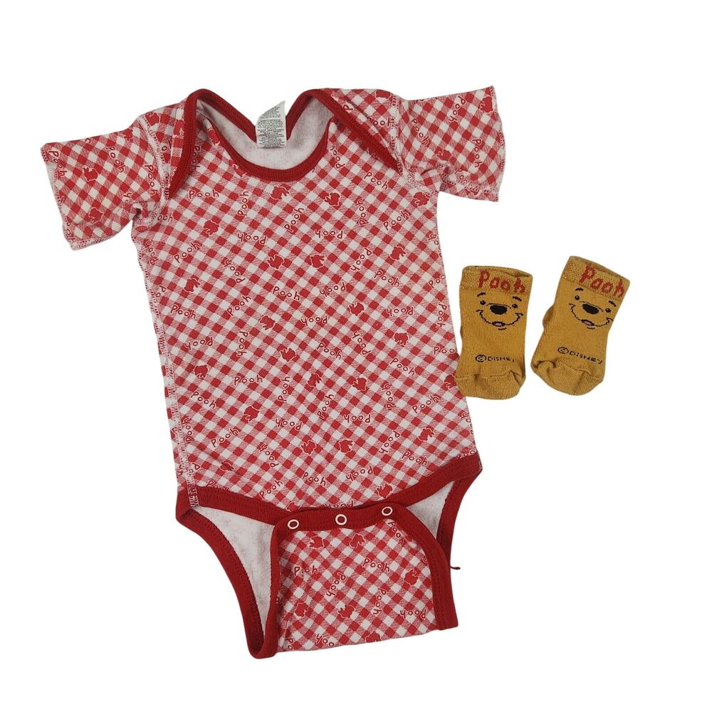 Pooh Baby 6-9M Winnie the Pooh Gingham Bodysuit & Socks Set Vintage 90s Disney